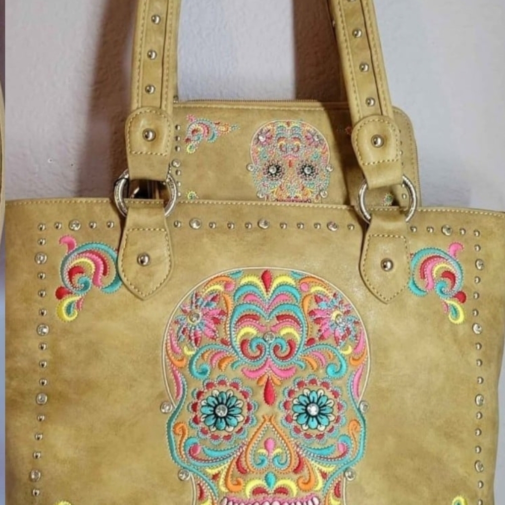 Embroidered Skull Design Tan Tote Bag